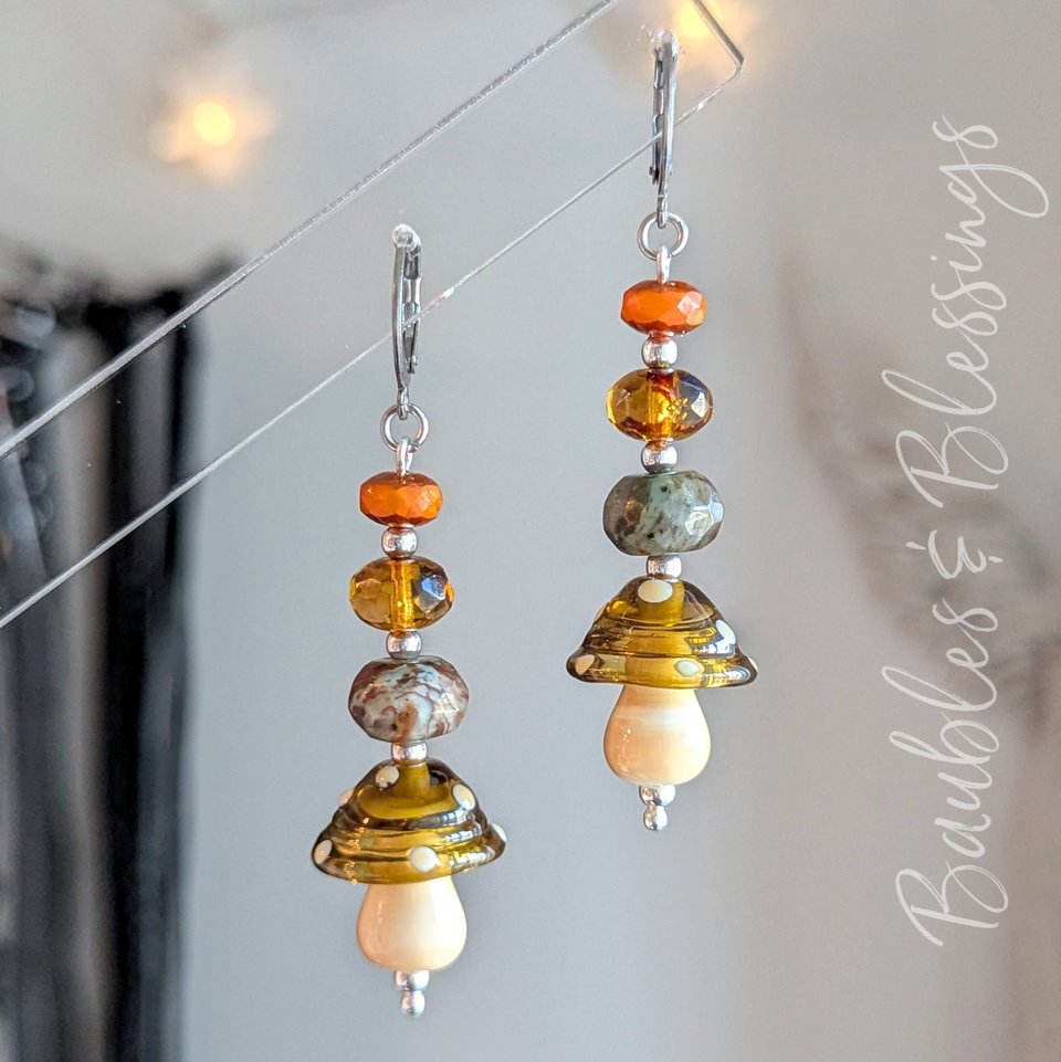 Earthy Mushroom Earrings with Green Opal & Czech Glass