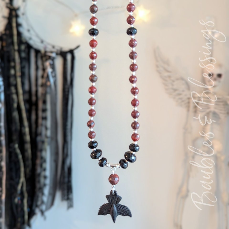 Raven Prayer Bead Necklace with Apple Jasper & Onyx