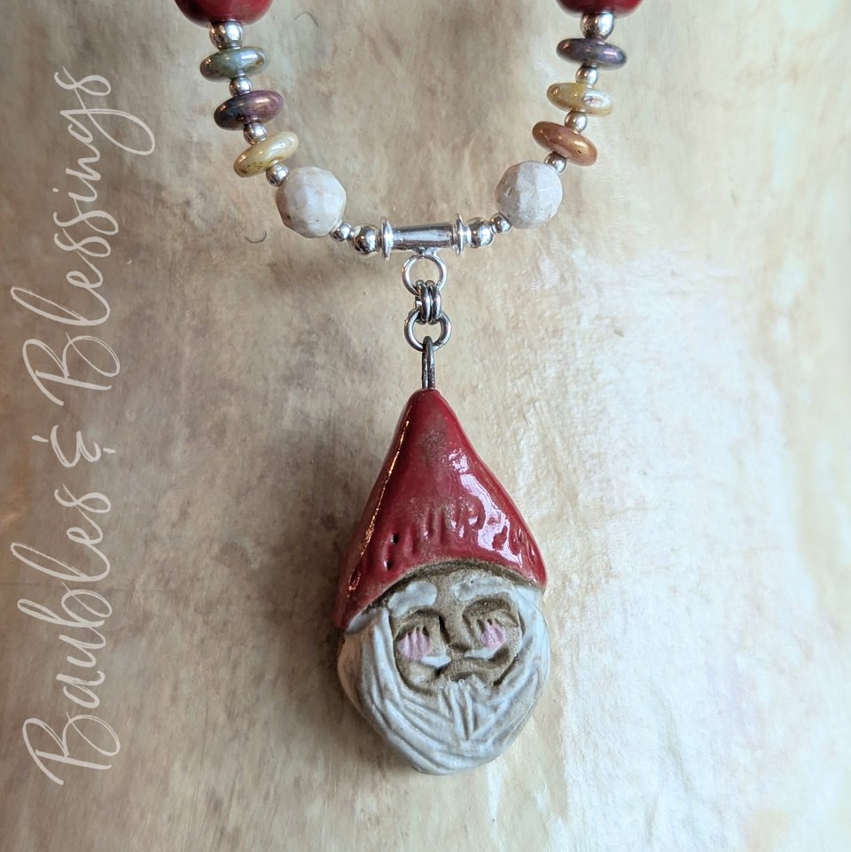 Cozy Cottagecore Gnome & Mushroom Necklace with Gaea Beads