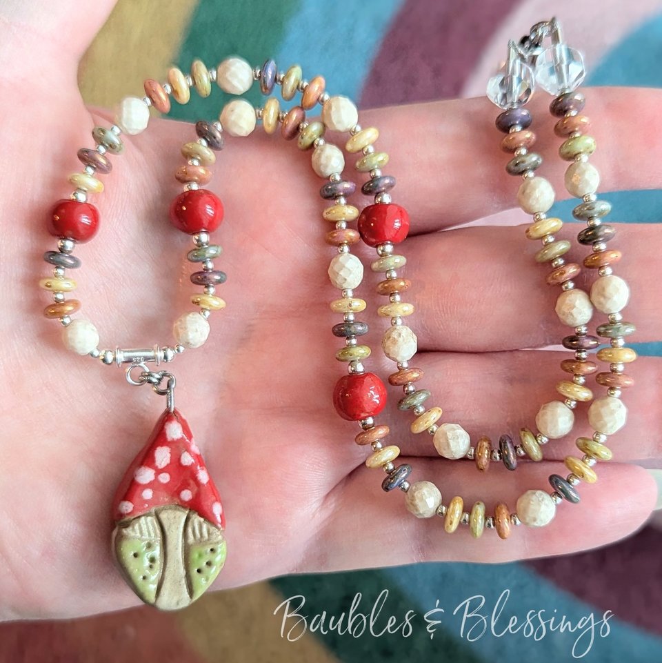 Cozy Cottagecore Gnome & Mushroom Necklace with Gaea Beads