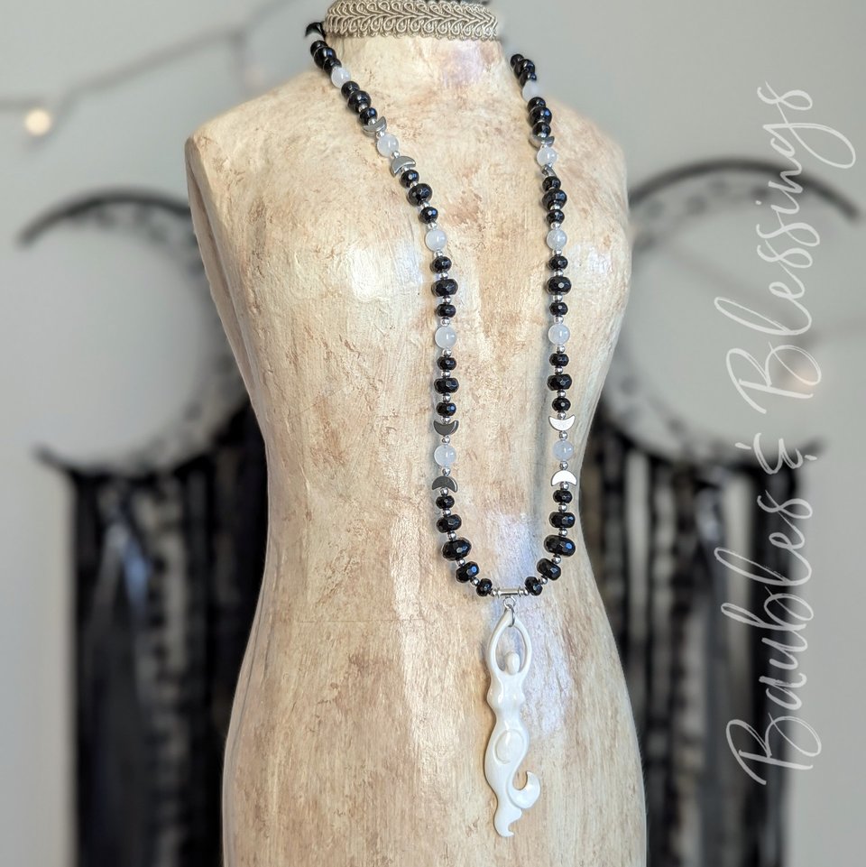 Moon Goddess Necklace with Faceted Onyx & Rainbow Moonstone