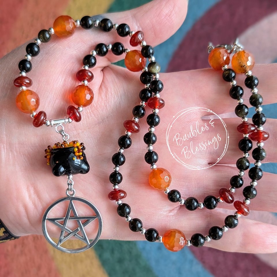 Fiery Autumn Witch Necklace with Lampwork Cauldron & Pentagram