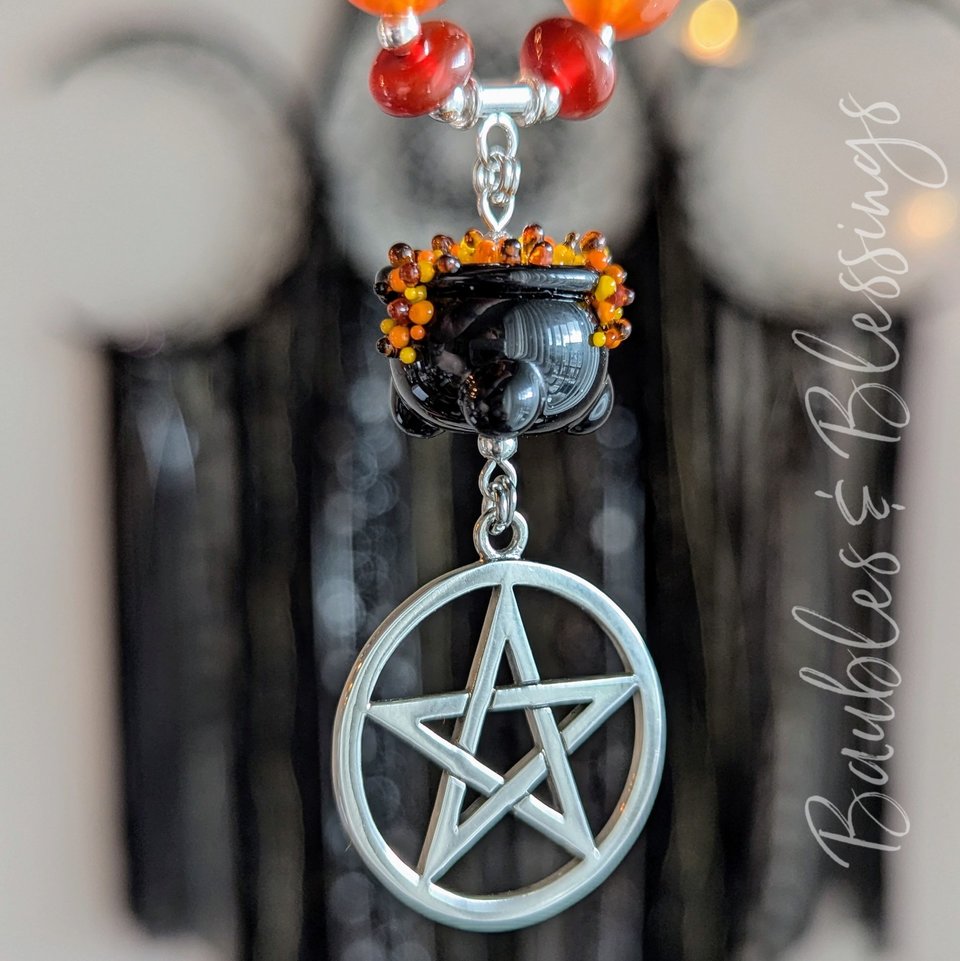 Fiery Autumn Witch Necklace with Lampwork Cauldron & Pentagram