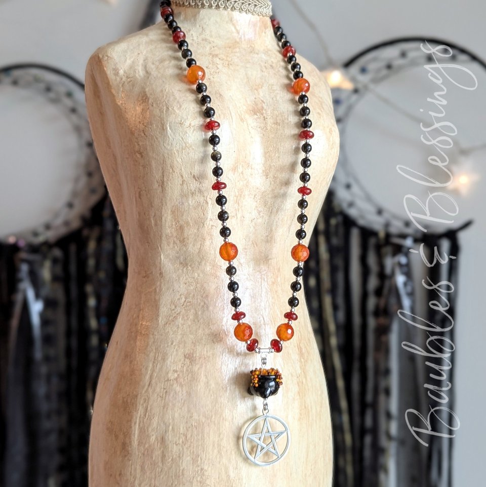 Fiery Autumn Witch Necklace with Lampwork Cauldron & Pentagram