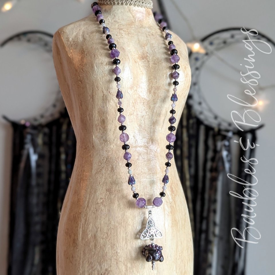 Purple Witchy Necklace with Lampwork Cauldron & Triquetra