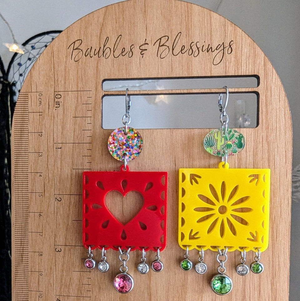 Papel Picado Inspired Flower Earrings with Cacti & Glass Crystals