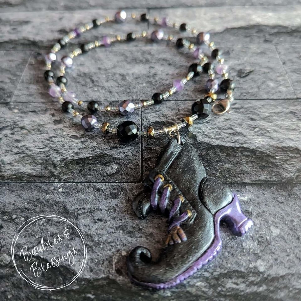 OOAK Witch's Boot Necklaces with Onyx & Pyrite