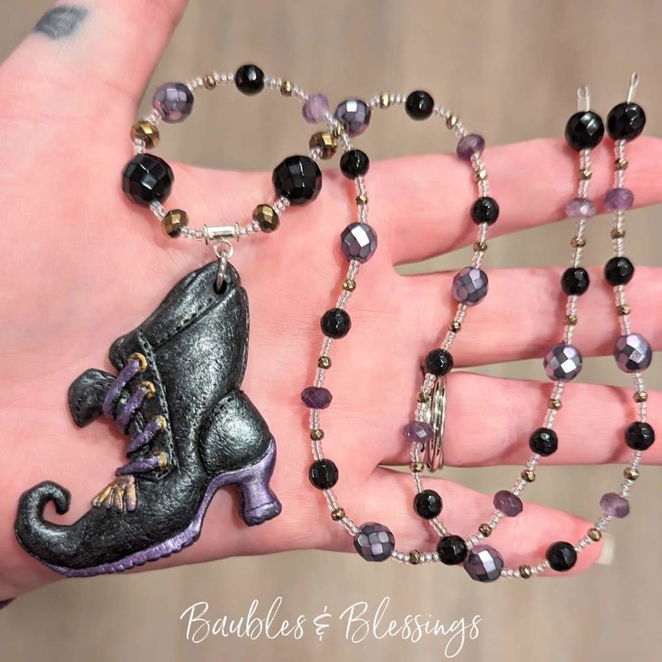 OOAK Witch's Boot Necklaces with Onyx & Pyrite