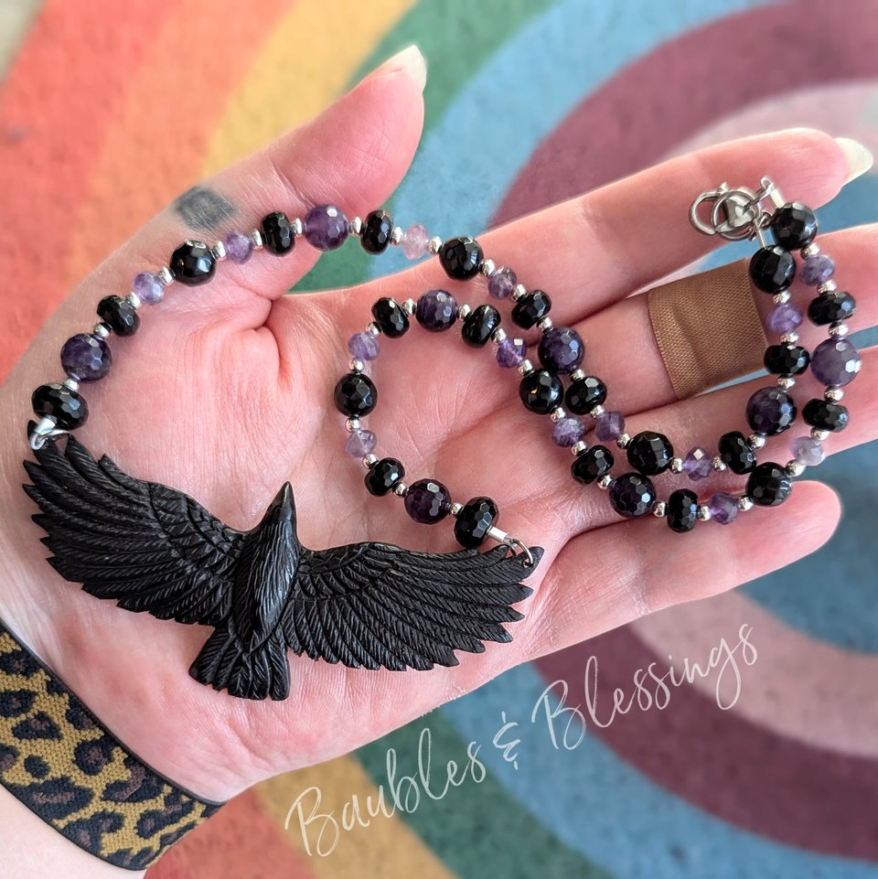 RESERVED: Custom Raven Necklace with Amethyst & Onyx