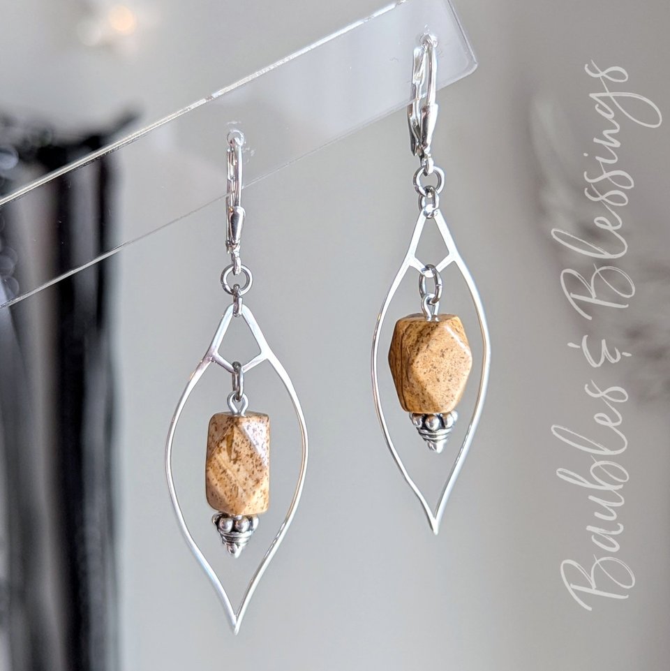 Sterling Silver Marquis and Picture Jasper Earrings