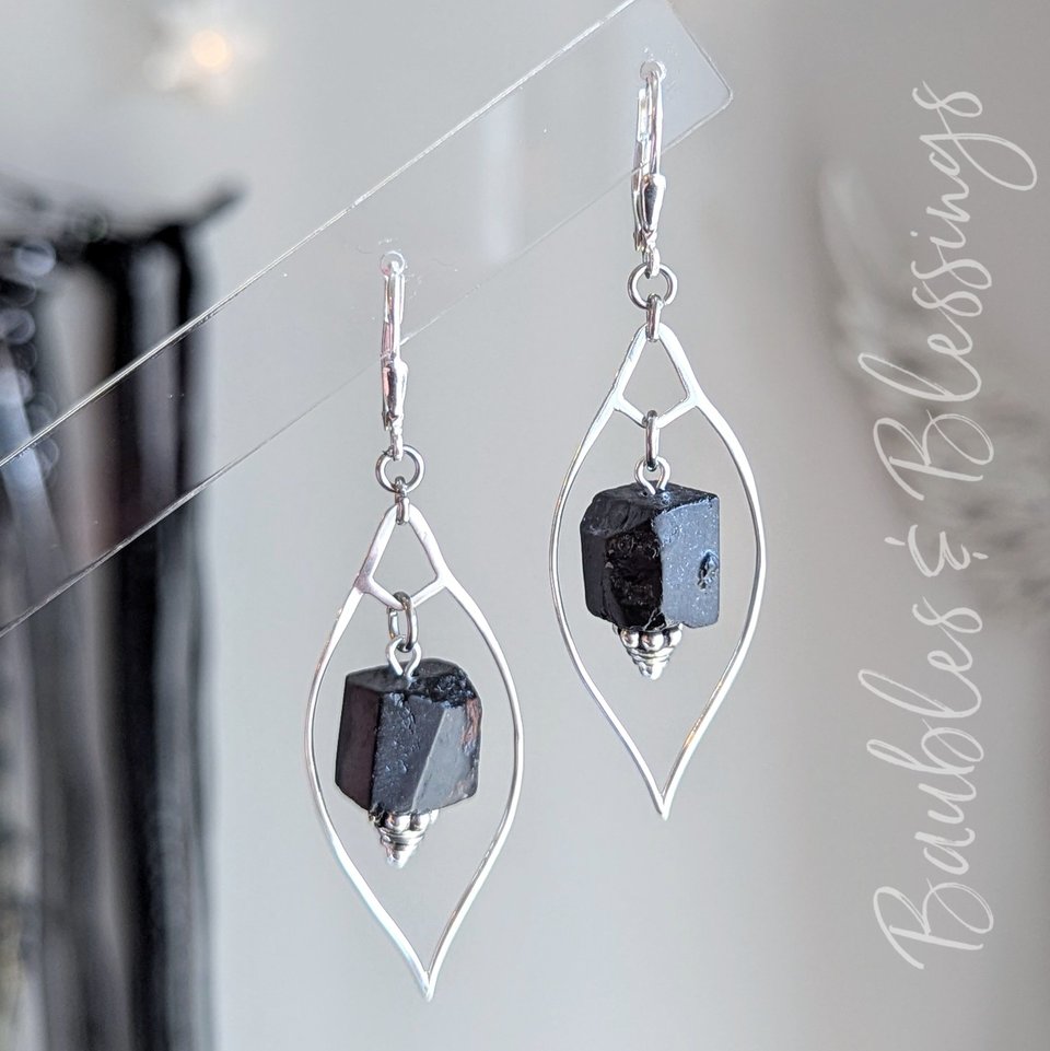 Sterling Silver Marquis and Rough Tourmaline Earrings