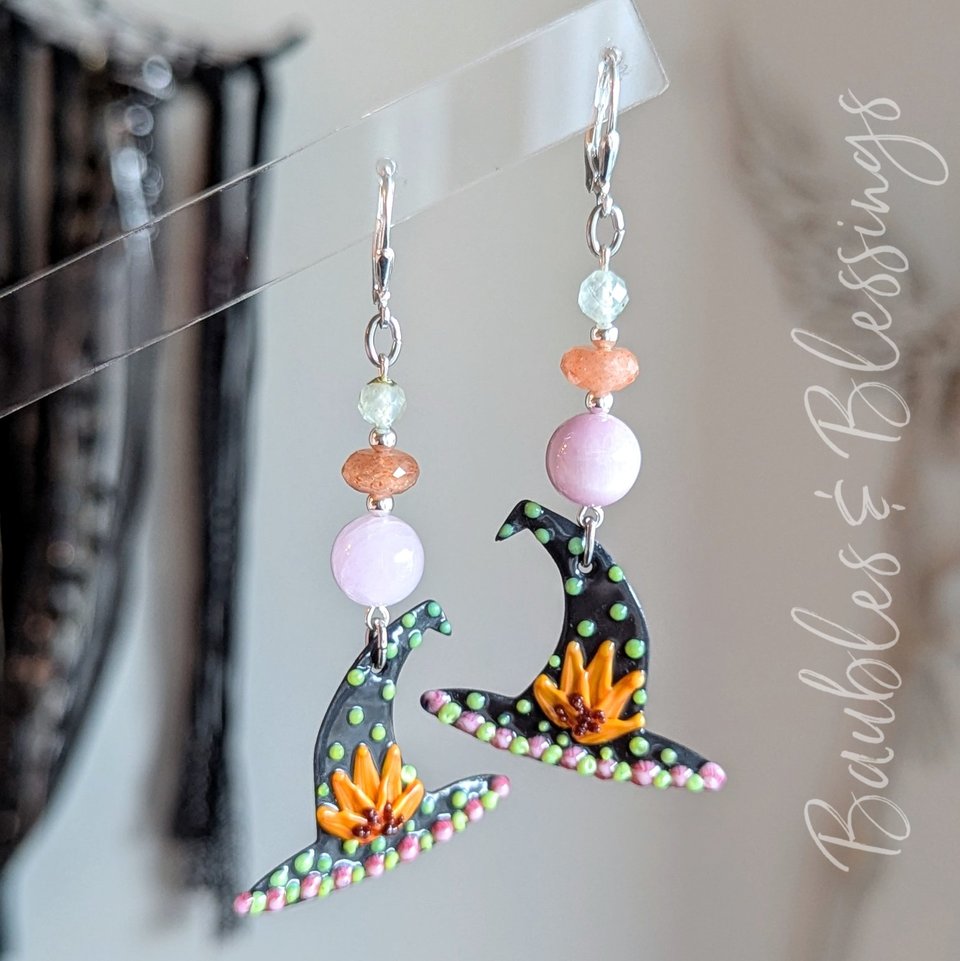 Folksy Witch Hat Earrings with Lampwork Enameled Charms