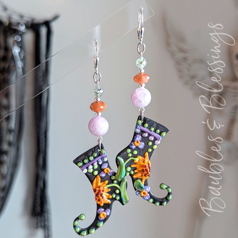 Folksy Witch's Boot Earrings with Lampwork Enameled Charms
