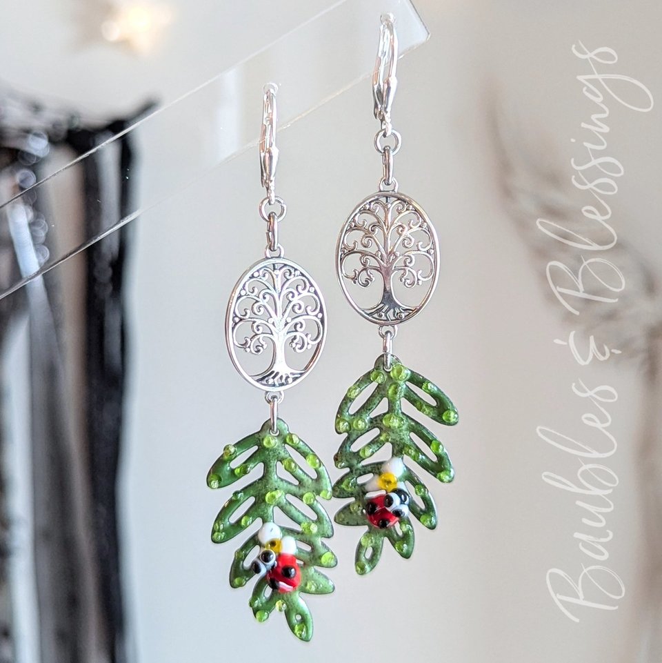 Tree of Life Earrings with Lampwork Enameled Leaves
