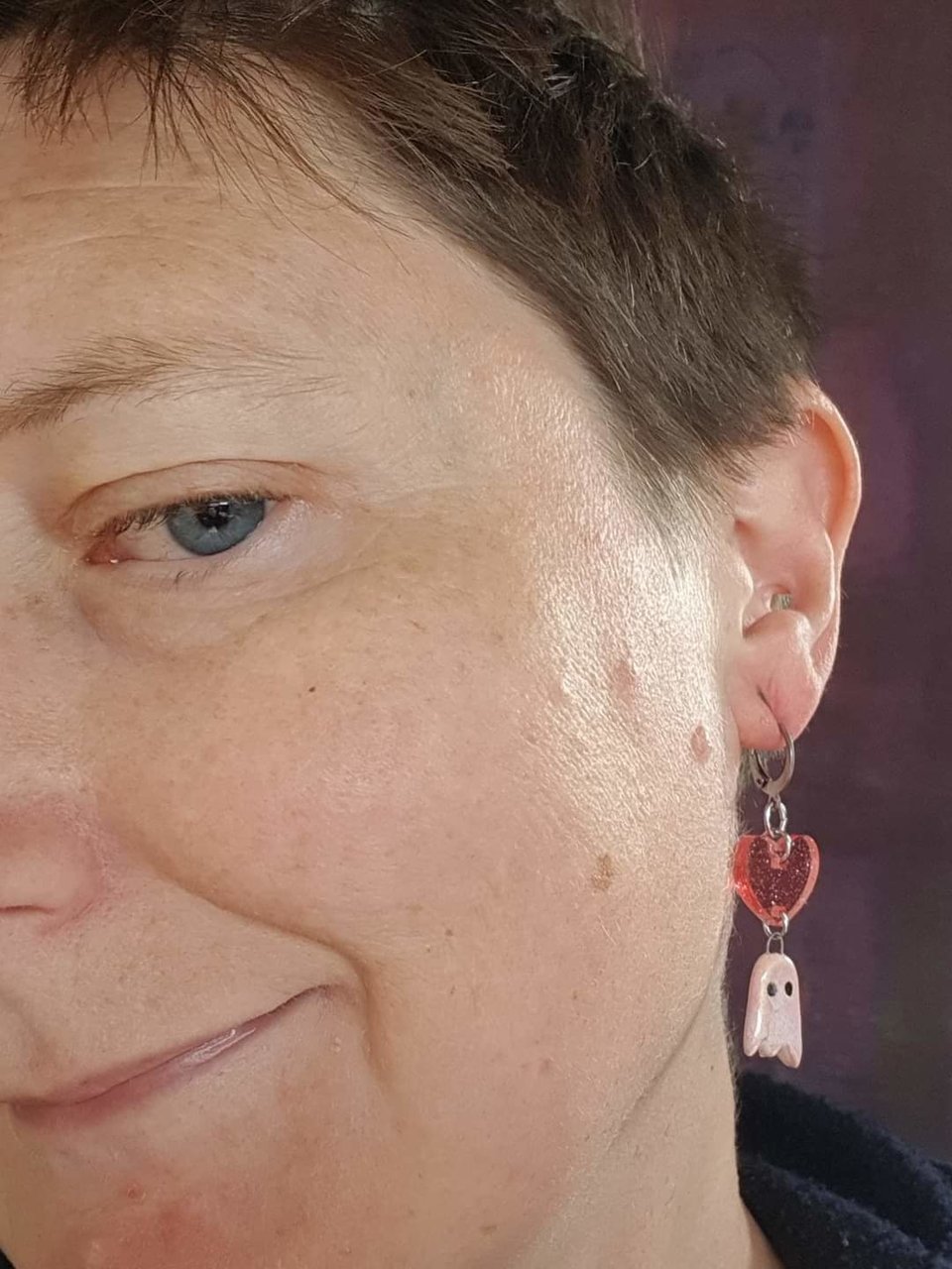 Swoopy Pink Ceramic Ghost Earrings with Pink Glitter Hearts