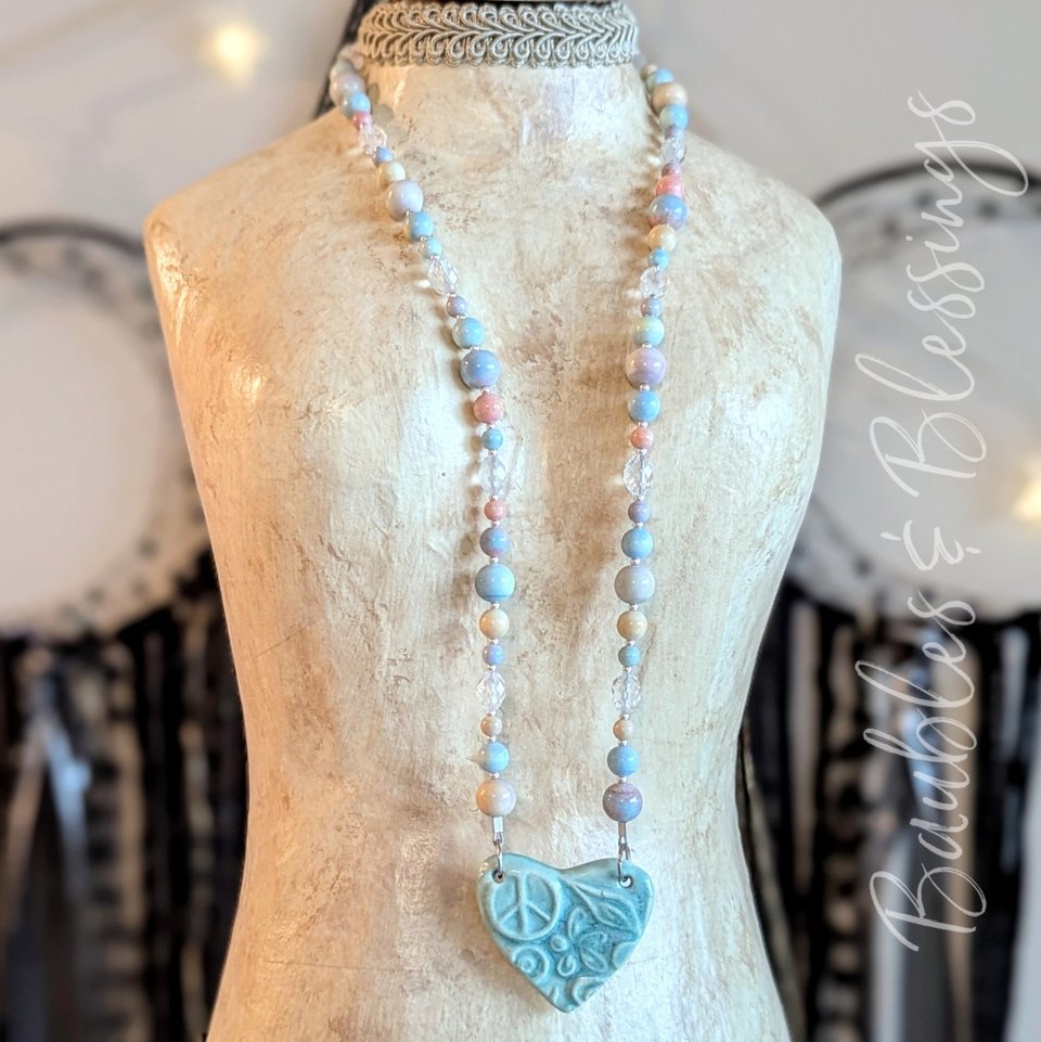 Hippie Heart Necklace with Watercolor Agate 