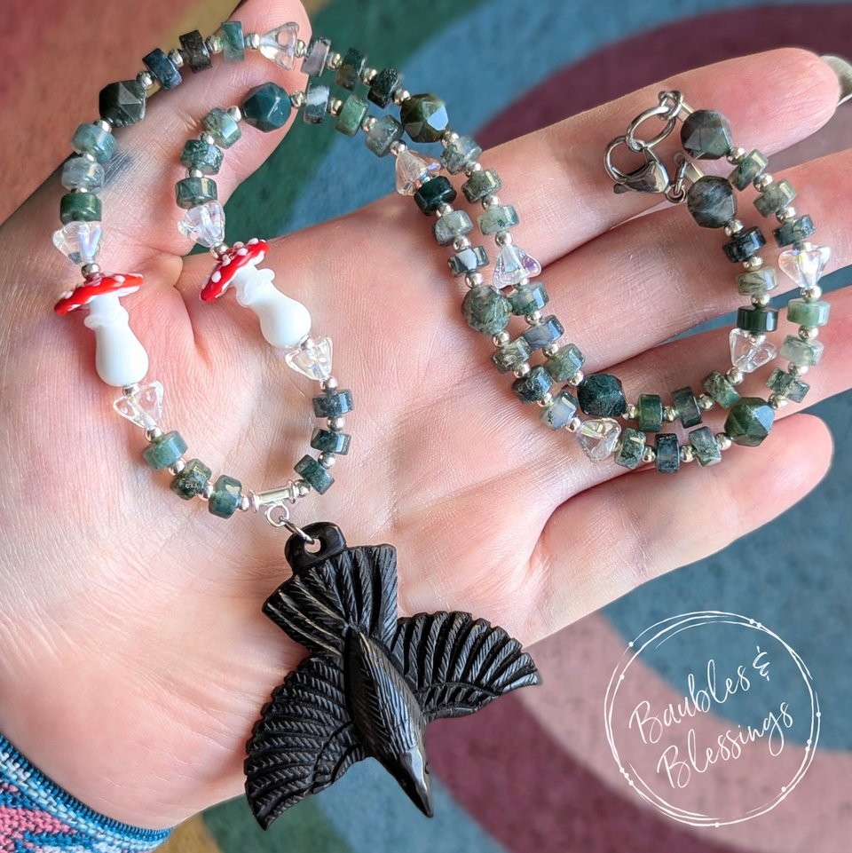 Raven Necklace with Lampwork Toadstools & Moss Agate