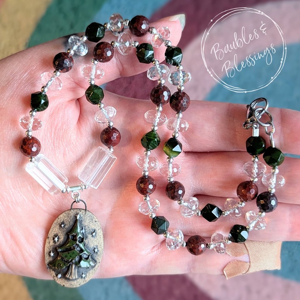 Cozy Yule Tree Necklace with Apple Jasper & Jade