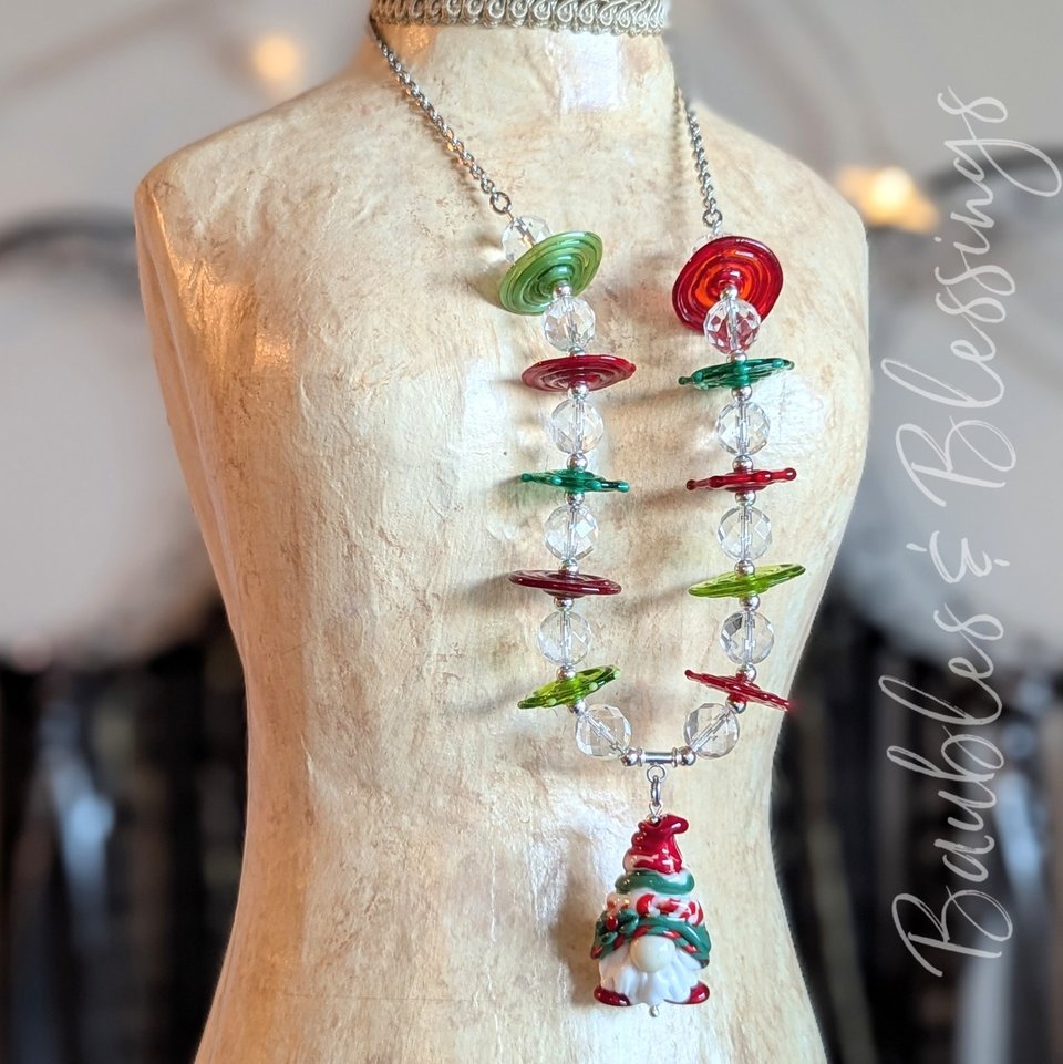 Christmas Gnome Necklace with Lampwork Discs & Quartz
