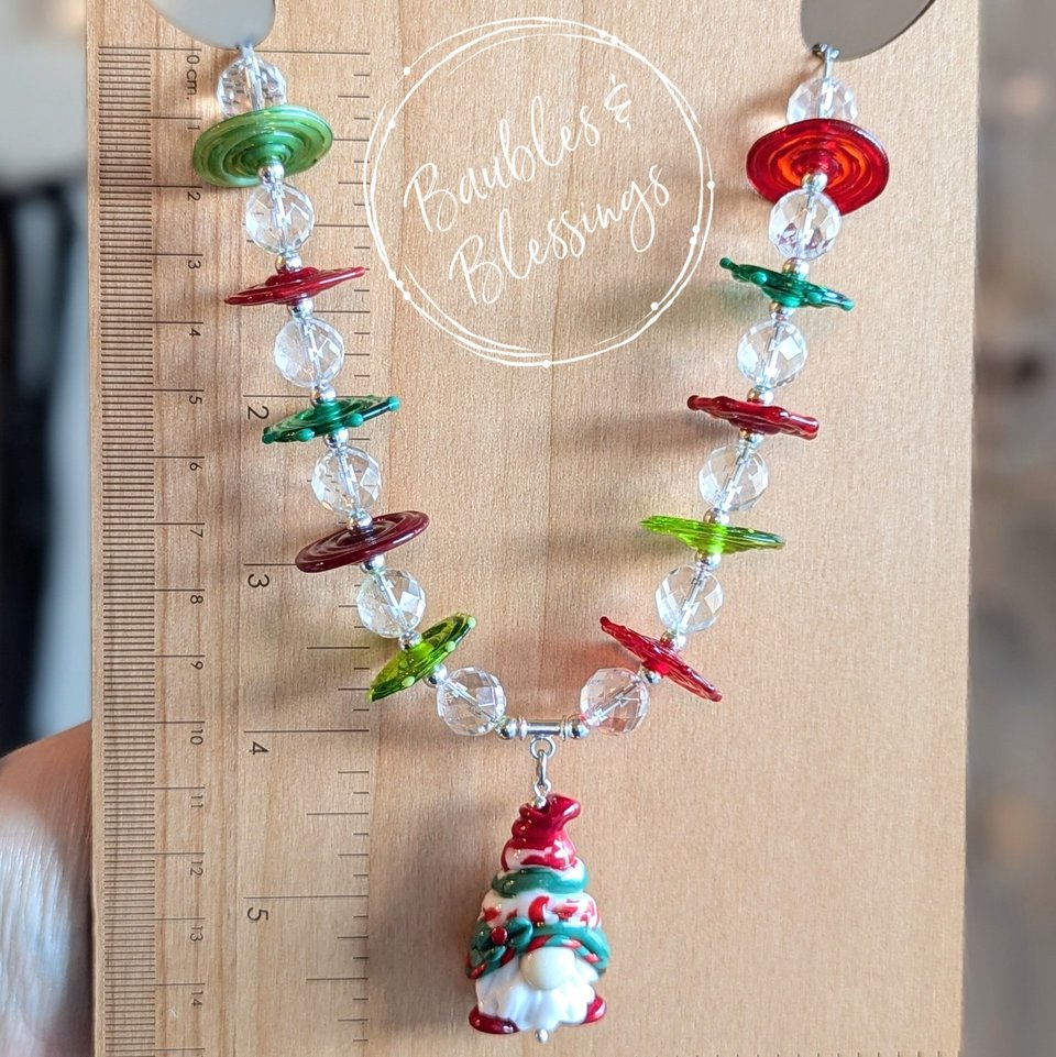 Christmas Gnome Necklace with Lampwork Discs & Quartz