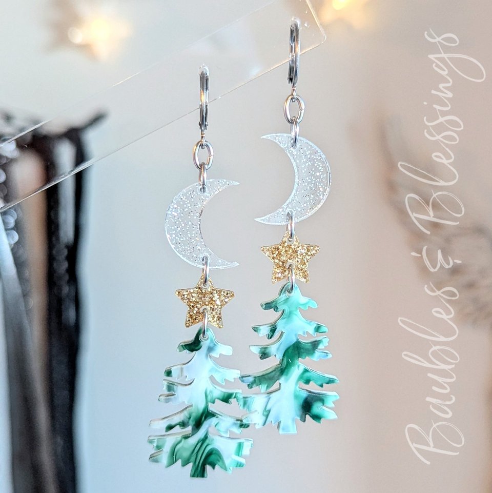 Marble Acrylic Holiday Tree Earrings with Crescent Moons 