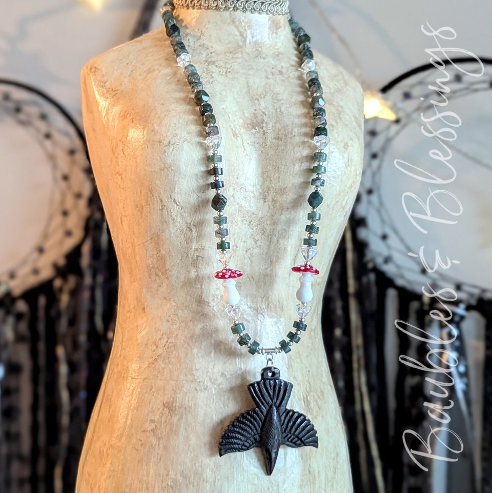 Raven Necklace with Lampwork Toadstools & Moss Agate