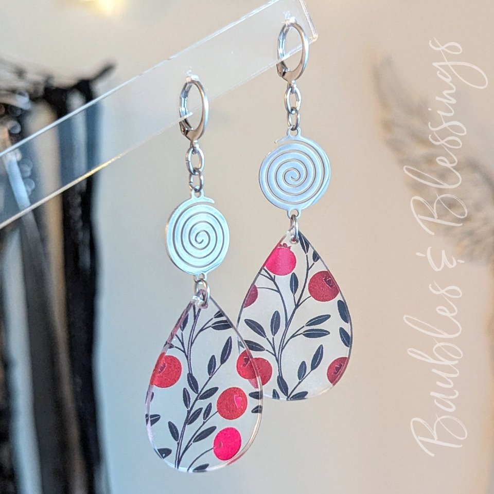 Acrylic Winterberry Earrings with Stainless Steel Spirals
