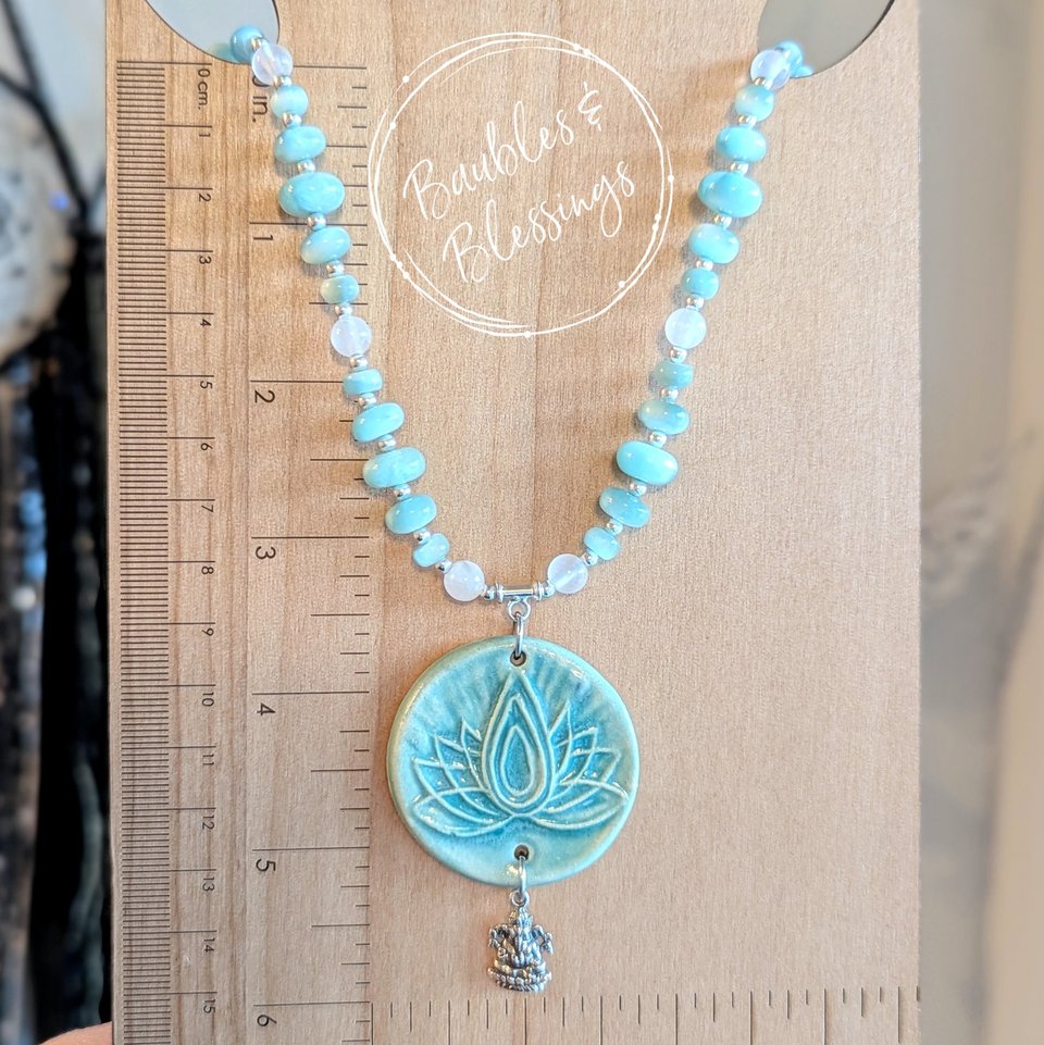 Ganesha Necklace with Green Moonstone & Selenite