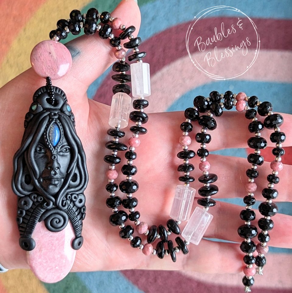 Goddess Necklace with Rhodonite, Rose Quartz & Onyx