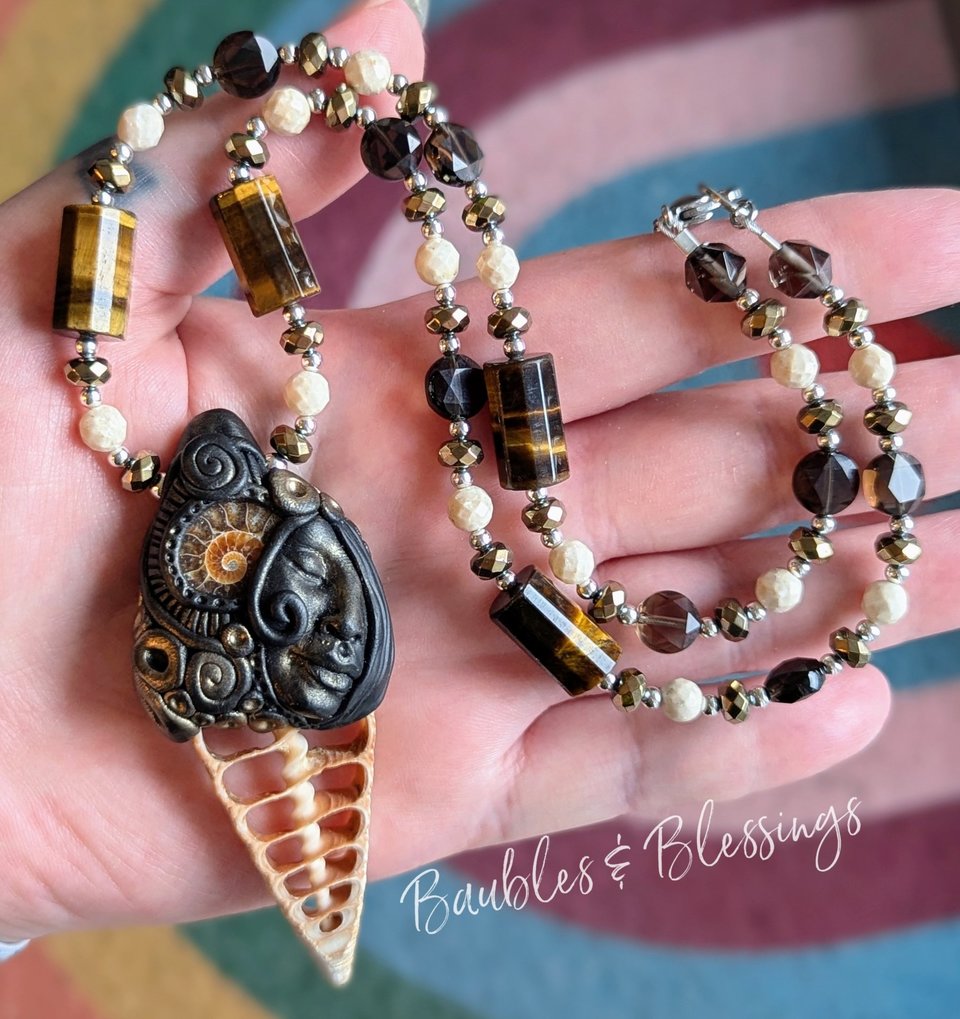 Goddess Necklace with Ammonite, Pyrite, Tiger's Eye, etc 