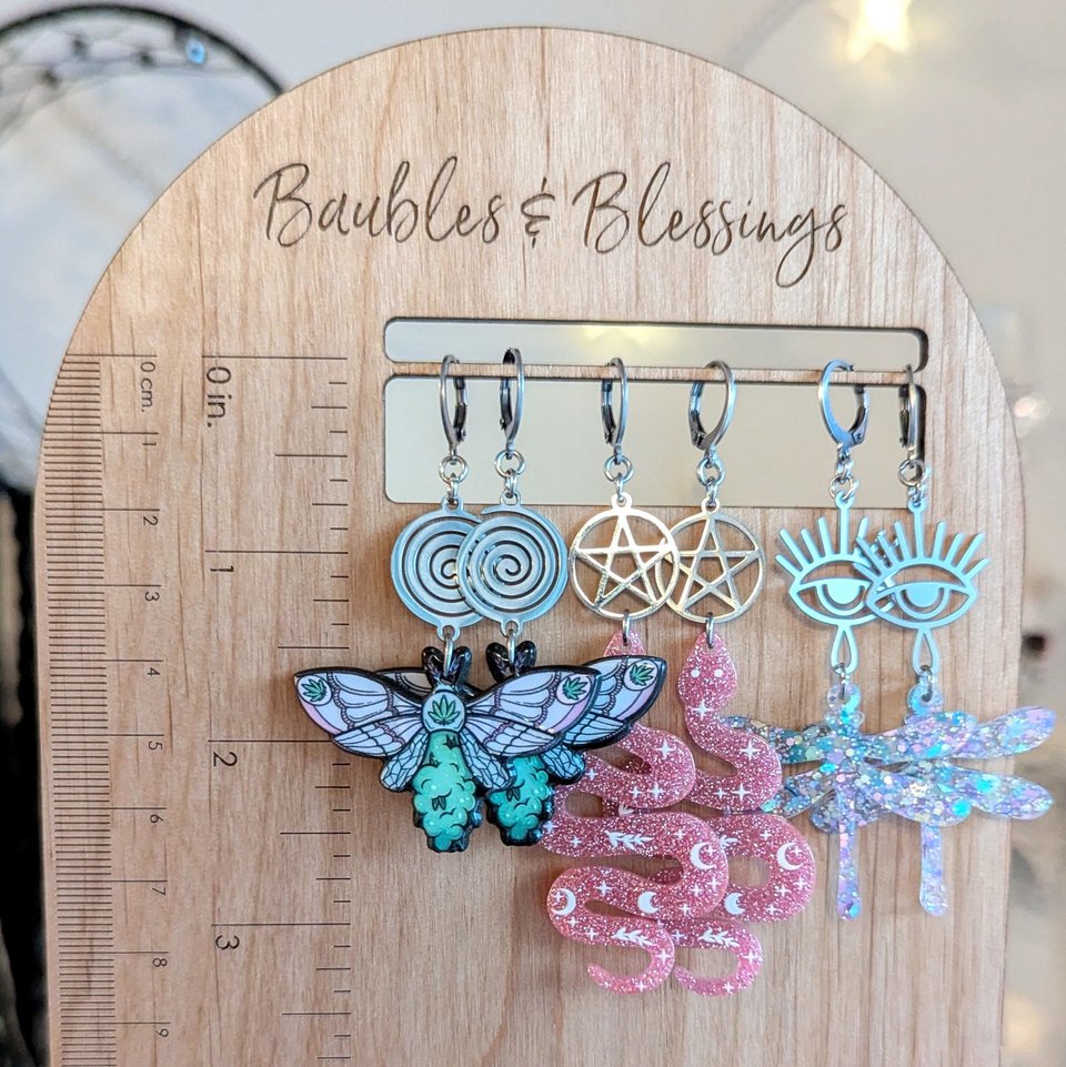 Glittery Pink Snake Earrings with Stainless Pentagrams