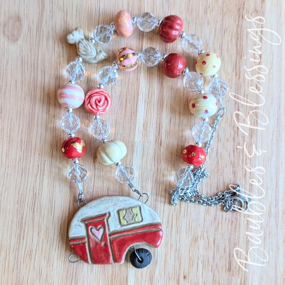 Whimsical Red Camper Necklace with Handmade Beads