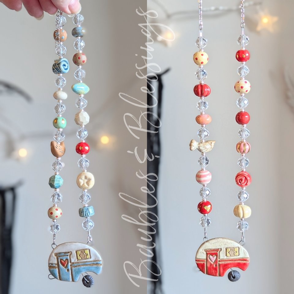 Whimsical Red Camper Necklace with Handmade Beads