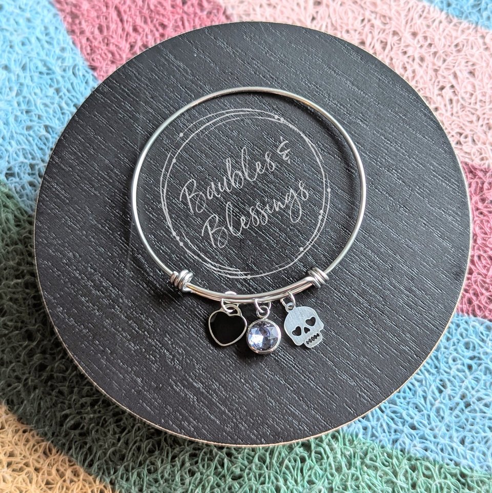 Bangle Bracelet with Purple Crystal & Skull Charm