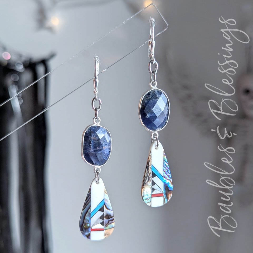 Beautiful Inlaid Shell Earrings with Freeform Sodalite