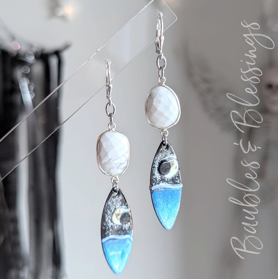 Lampwork Enameled Crescent Moon & Water Earrings 