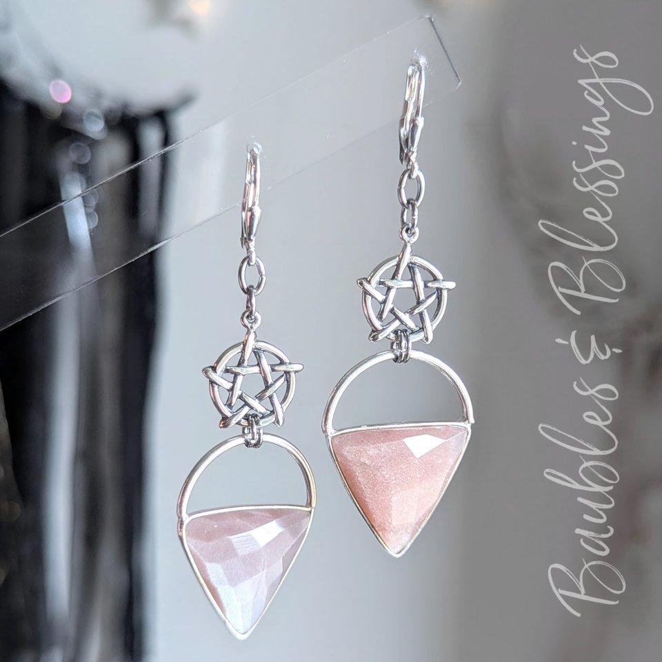 Peach Moonstone Earrings with Sterling Pentagrams