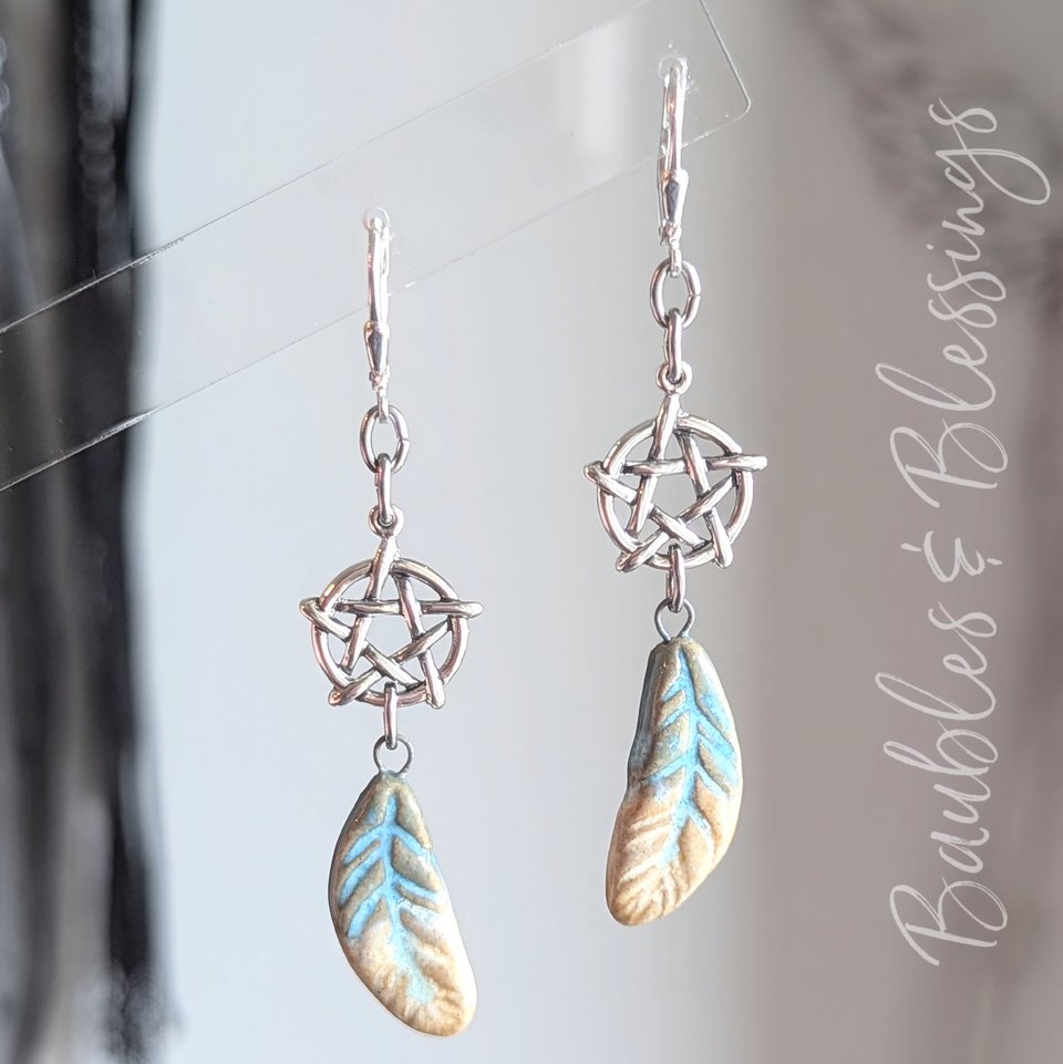 Ceramic Feather Earrings with Sterling Pentagrams