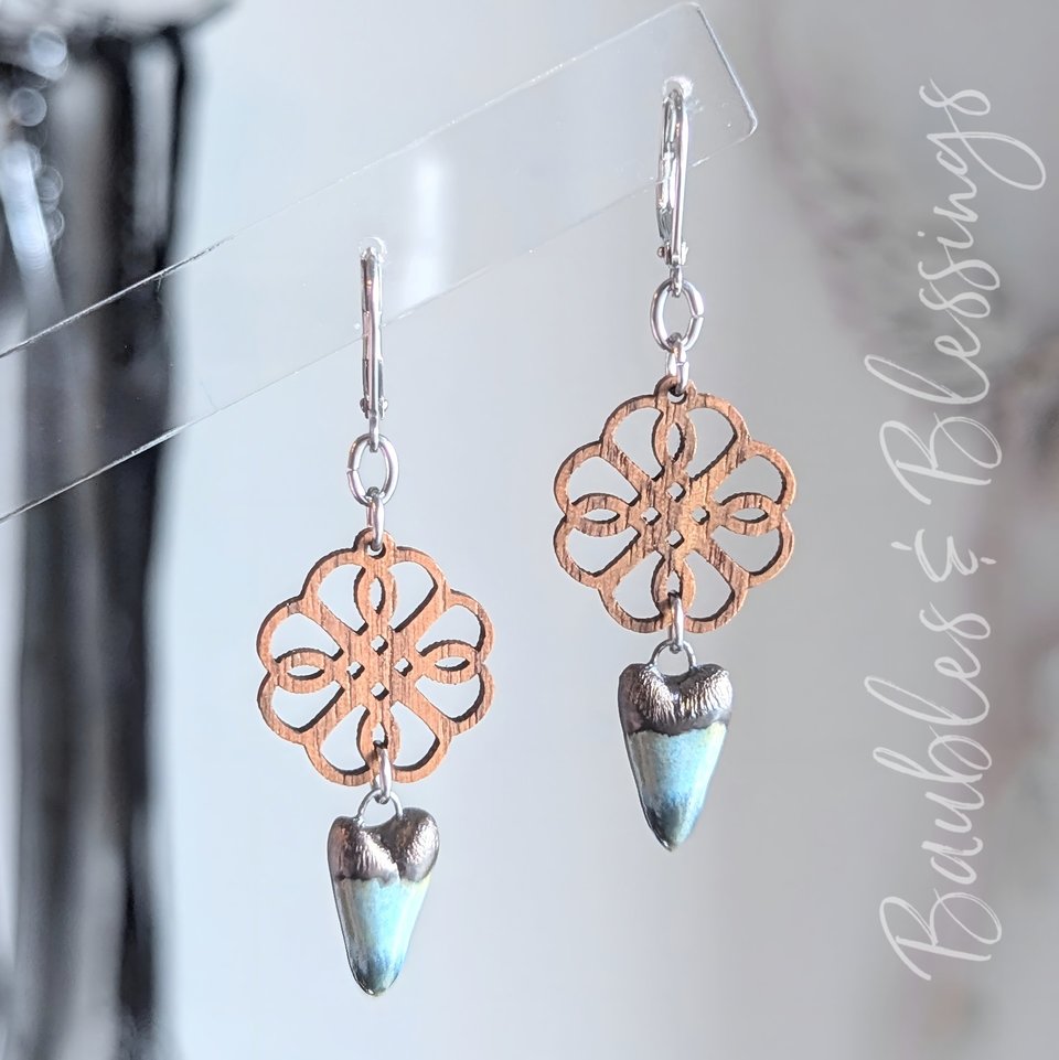 Green Ceramic Heart Earrings with Wood Flowers