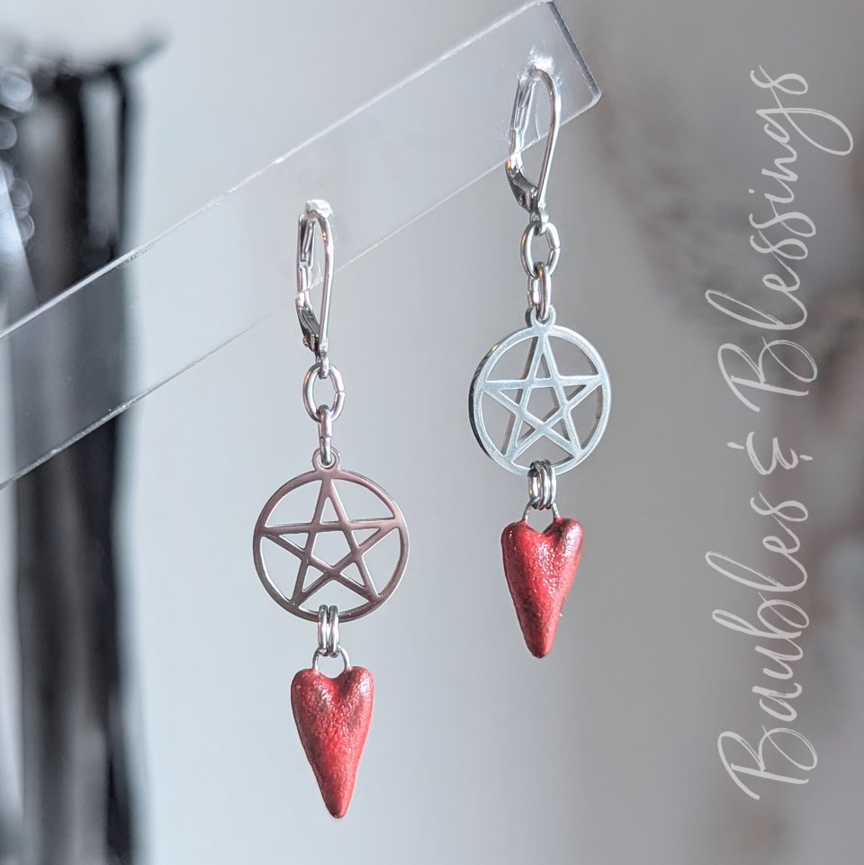 Red Ceramic Heart Earrings with Stainless Pentagrams