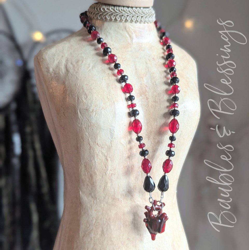 Dripping Heart Necklace with Onyx & Czech Glass