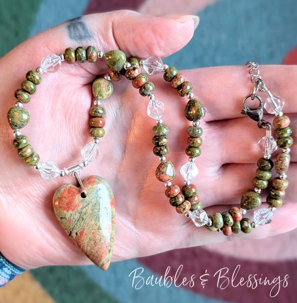 Heart Chakra Necklace with Unakite Love Heart Pendant