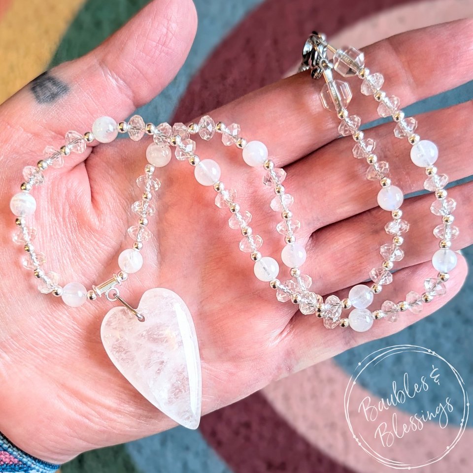 Crown Chakra Necklace with Quartz Heart Pendant