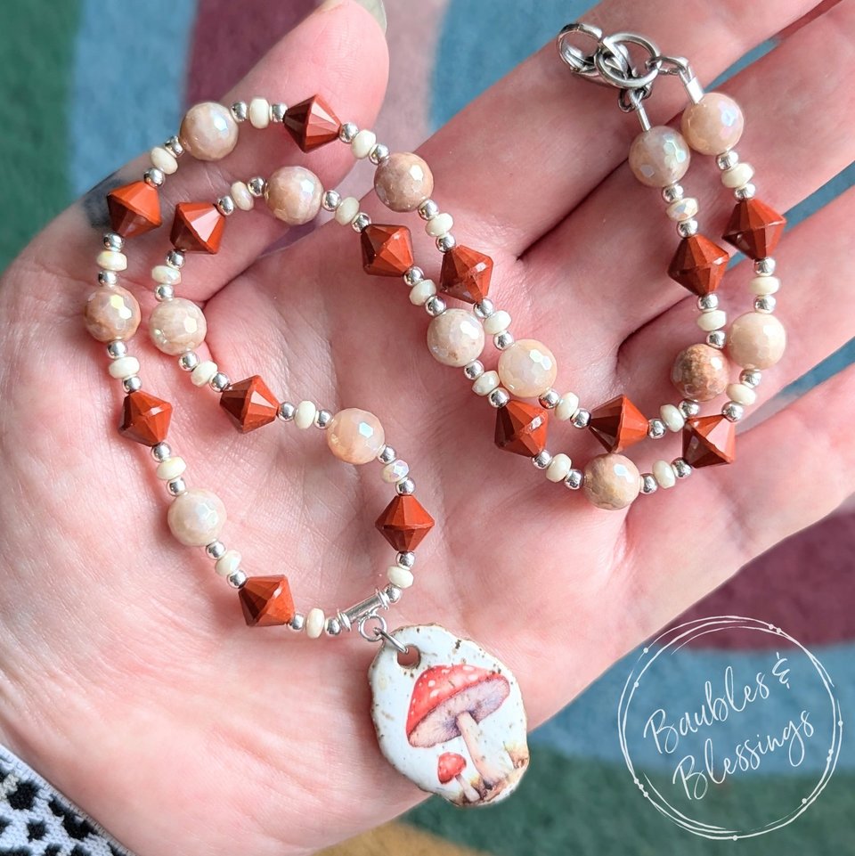 RESERVED for G: Mushroom Necklace with Peach Moonstone