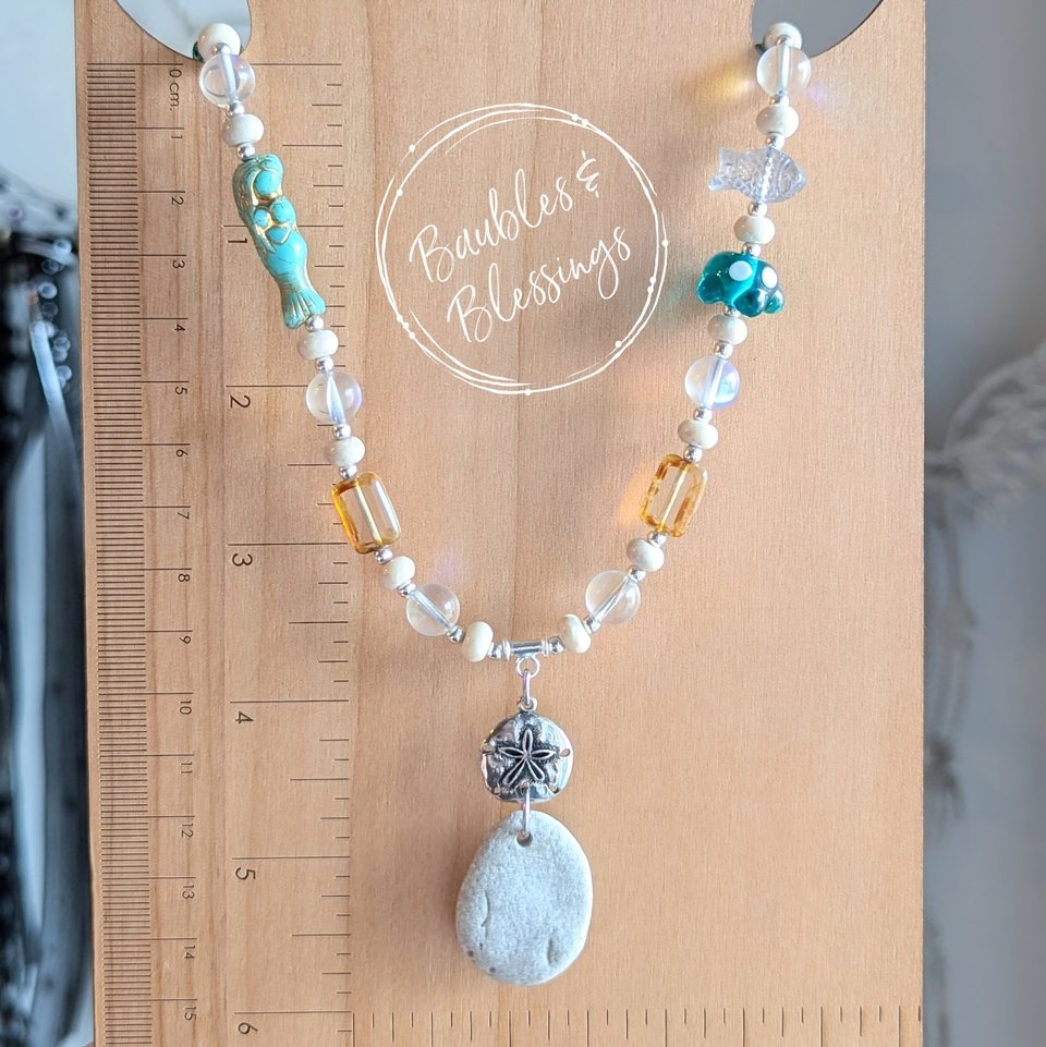 Whimsical Beach Pebble Necklace with Mermaid Glass