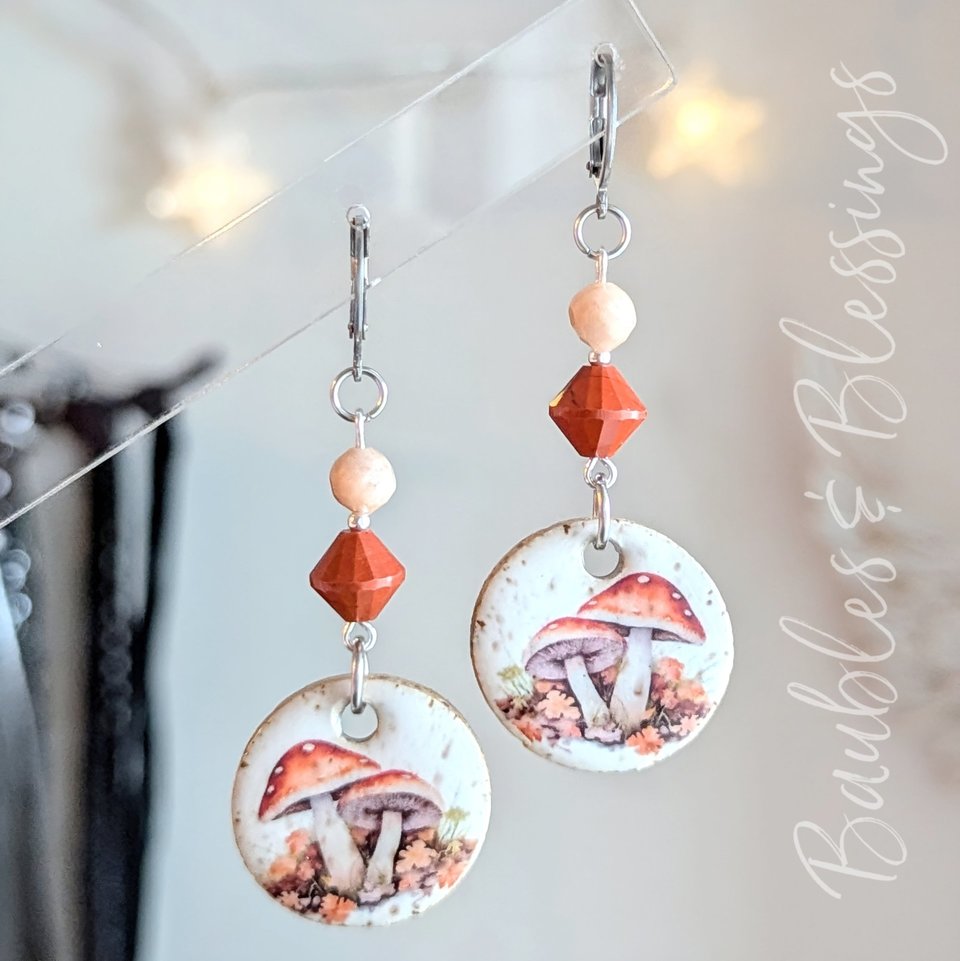 Adorable Mushroom Earrings with Peach Moonstone