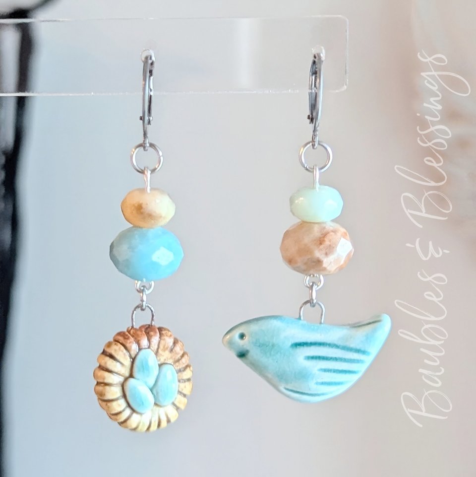 Sweet Blue Bird & Nest Earrings with Amazonite