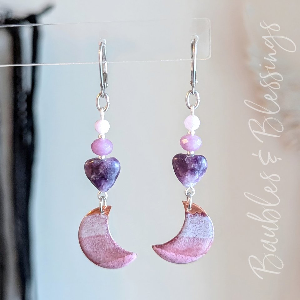 Enameled Copper Moon Earrings with Purple Crystals