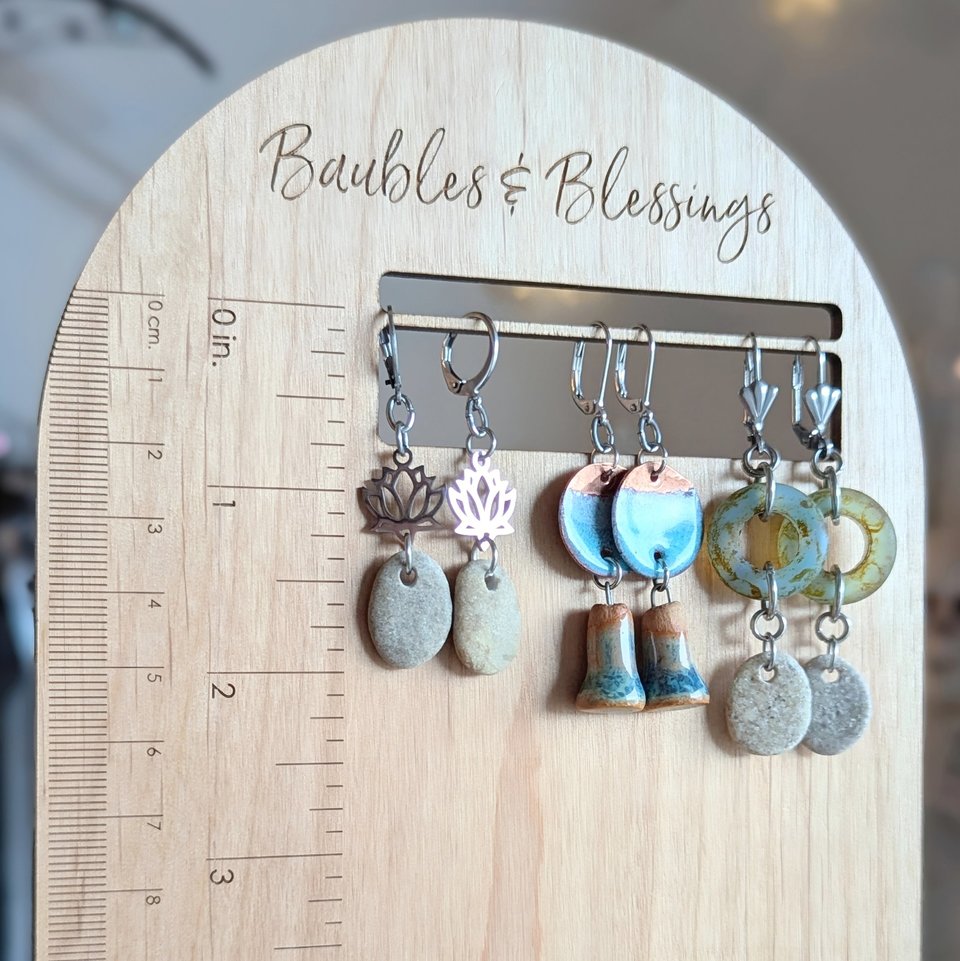 Petite Beach Pebble Earrings with Green Glass Rings