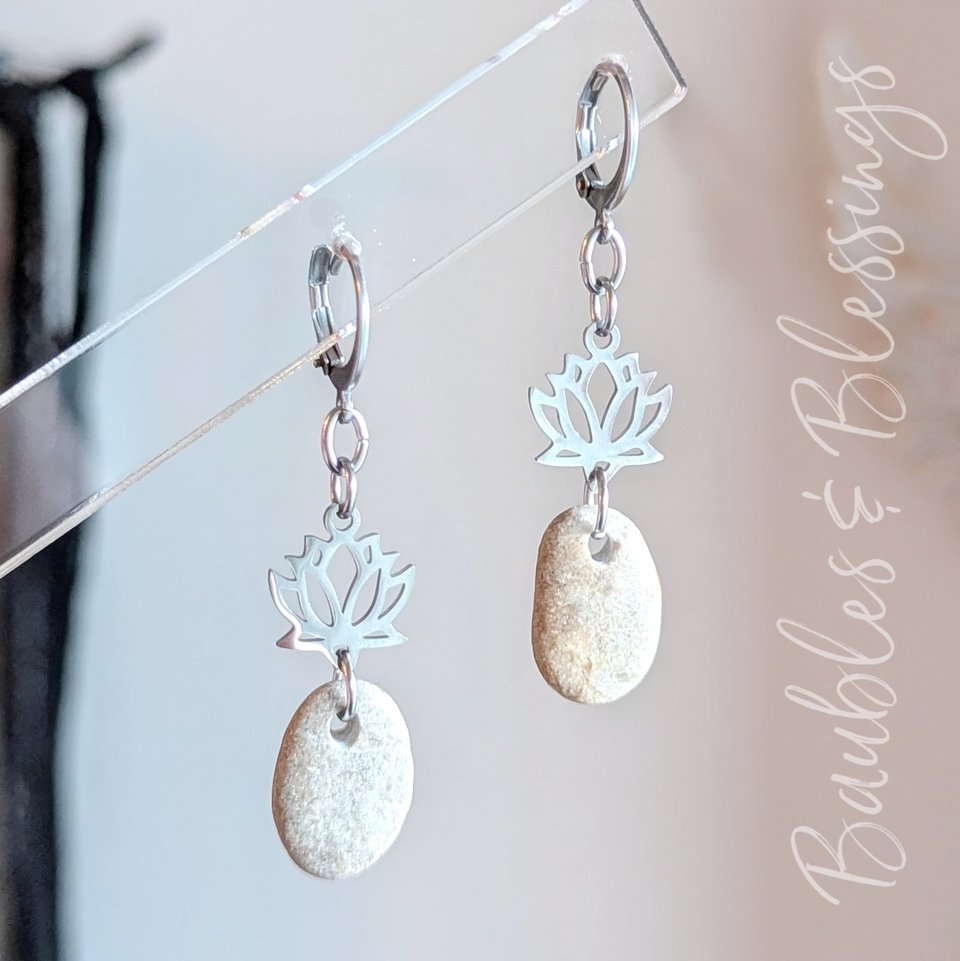 Petite Beach Pebble Earrings with Tiny Lotus Charms